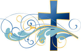 A stylized Christian cross in dark blue with flowing decorative swirls and waves in light blue and gold on a white background.
