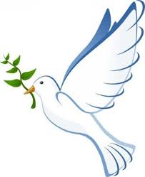 A stylized white dove flying rightward with blue wing shading and holding a green olive branch in its beak, on a plain white background.