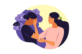 Two women sitting together with a purple and yellow background