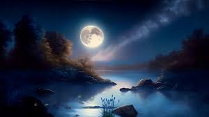 Moonlit night over a lake with trees and clouds