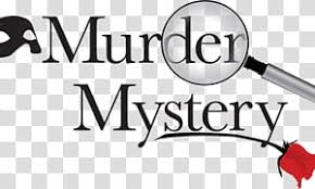 The text 'Murder Mystery' in a serif font, with a magnifying glass graphic over the word 'Mystery' and a red rose illustration at the bottom right, shown on a transparent checkerboard background.