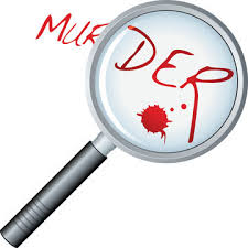 A magnifying glass with a silver rim and black handle over a white background, showing the words 'MURDER' written in red with a red blood splatter. The word 'MURDER' is also written in red at the top left.