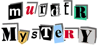 The word 'murder mystery' spelled out using cut-out letters in various colors and shapes, arranged in two rows against a white background.