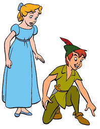 A cartoon illustration of Peter Pan and Tinker Bell, likely from a Disney/Peter Pan themed print or graphic. Peter Pan is crouching in his green outfit with a red feathered hat, and Tinker Bell is standing in her light blue dress.