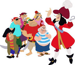 A cartoon illustration of a pirate captain with a sword and hat, standing beside a group of other pirates in colorful outfits on a plain white background.