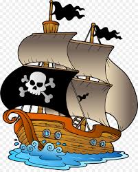 A cartoon pirate ship with a black skull-and-crossbones flag, beige sails, a brown wooden hull, and blue water, shown on a transparent checker background.