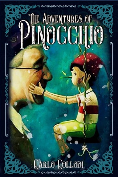 Pinocchio children's book cover with illustrated puppet boy and stylized title text