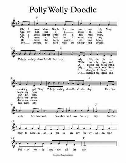 Sheet music for the song 'Polly Wolly Doodle' with lyrics and musical notation.