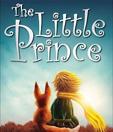 The Little Prince book cover illustration featuring the title in large decorative white letters above a small golden-haired boy sitting beside a fox against a soft blue sky.