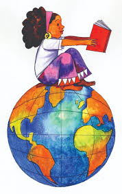 Illustration of a child reading a book on top of a colorful globe.