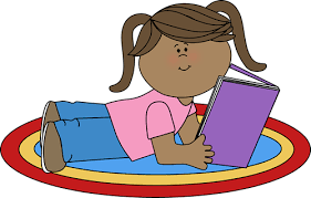 Cartoon girl lying on a rug reading a book