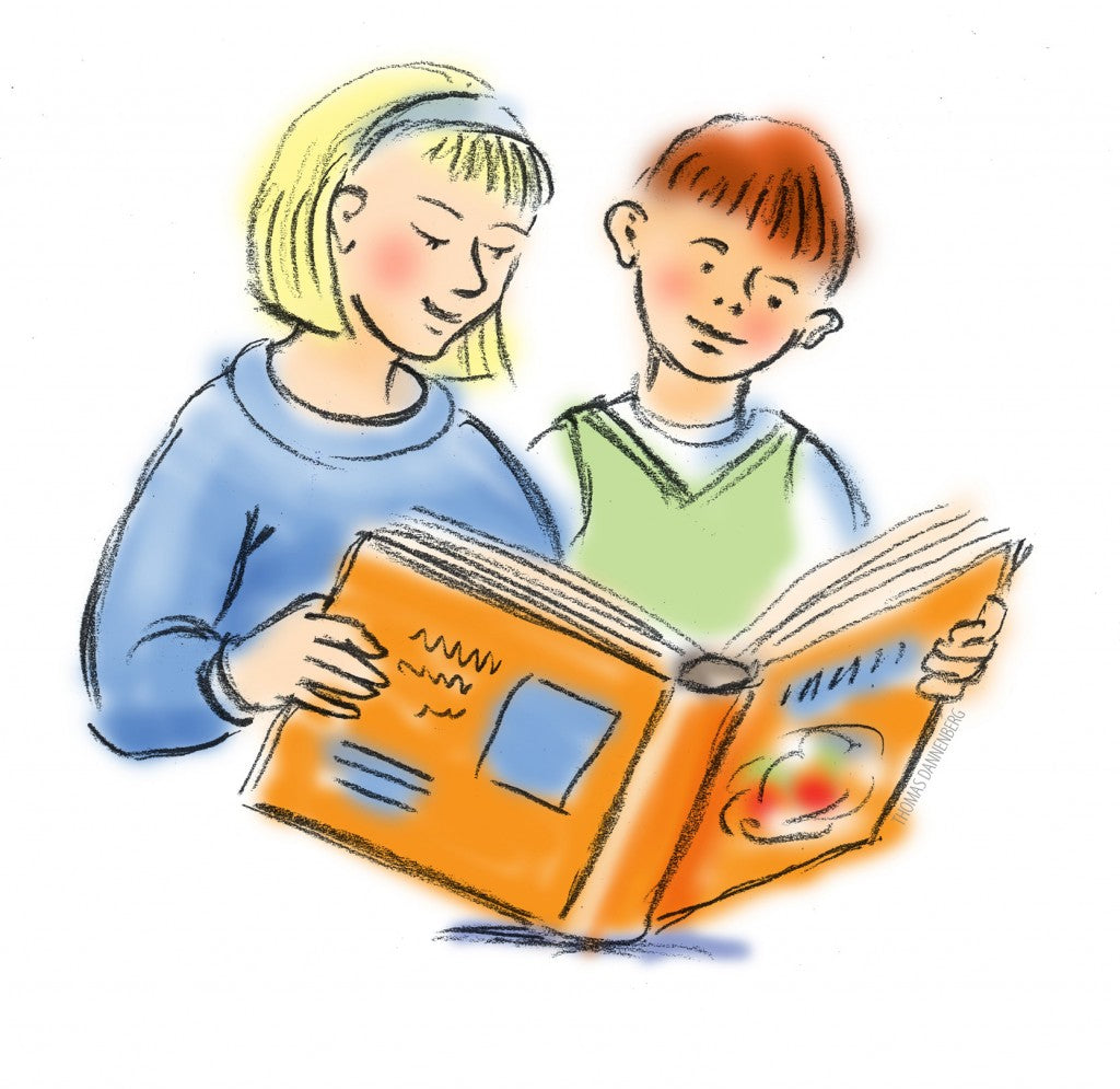 Illustration of a woman and a boy reading a book together.