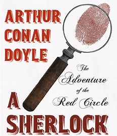 Sherlock detective story book cover with magnifying glass graphic and red typography