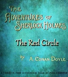 Turquoise book cover titled 'The Red Circle' with 'A. Conan Doyle' credit