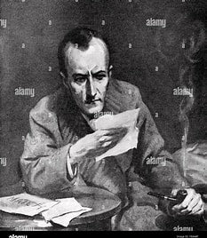 Black-and-white portrait of a man reading papers with notes in an office