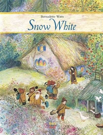 Children’s storybook cover with Snow White and cottage scene illustration