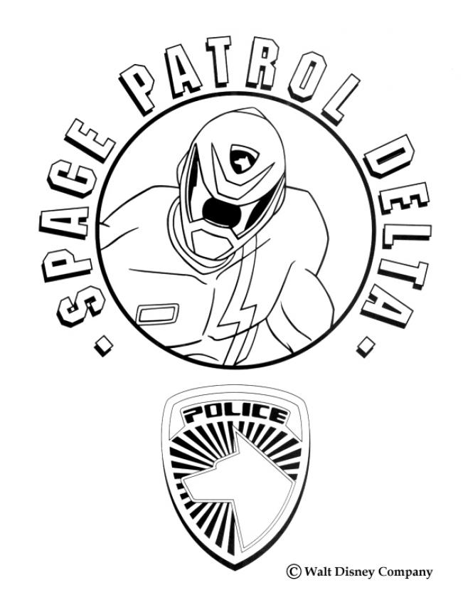 Space Patrol Delta logo with a character helmet and police badge on a white background.