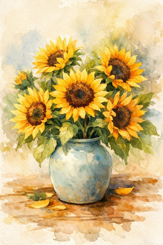 Sunflowers In Blue Vase Watercolor Wall Art Print