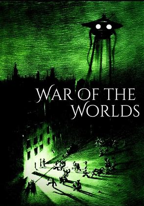 Dark green book cover with hovering saucer and silhouettes in a ruined city