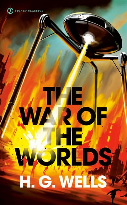Colorful book cover with three ray machines firing beams toward figures