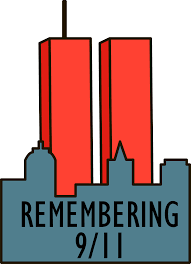 A simple graphic showing two tall red towers above a blue skyline with the text 'REMEMBERING 9/11' at the bottom.