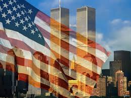 An American flag is shown waving in front of a city skyline with two tall towers, overlaid with a translucent American flag pattern.