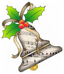 A Christmas bell illustration made from sheet music, decorated with green holly leaves, red berries, and a gold ribbon bow.