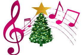 Christmas tree graphic with colorful musical notes and ribbon, green pine tree design.